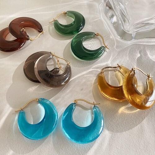 Minar Simple C Shape Clear Resin Earrings for Women 2021 Green Brown Blue Color Geometric Hoop Earrings Vintage Party Jewelry