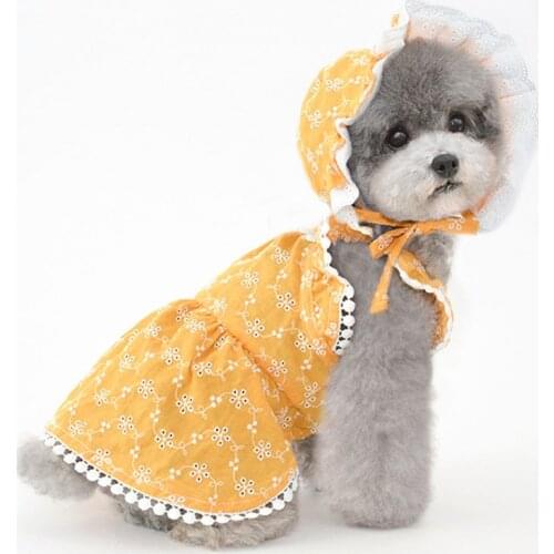 White Blue Orange Dog Dress Princess Short Flying Sleeve Cat Dresses Set Hollow Floar Skirt With Sunhat Pet Clothes Dog Costume