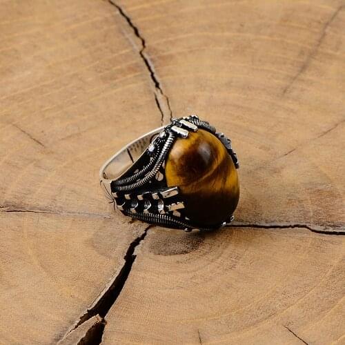 Silver Handmade Oval Tiger Eye Stone Mens Ring