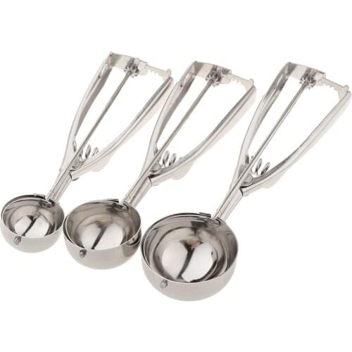 Set of 3 Ice Cream Scoop - Stainless Steel and Spring Handle - Cookie / Melon Spoon