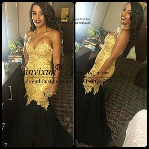 New Arrived Gold and Black Mermaid Prom Dresses Halter Neck Appliques Lace Tulle Fashion Long Evening Party Dress Custom Size