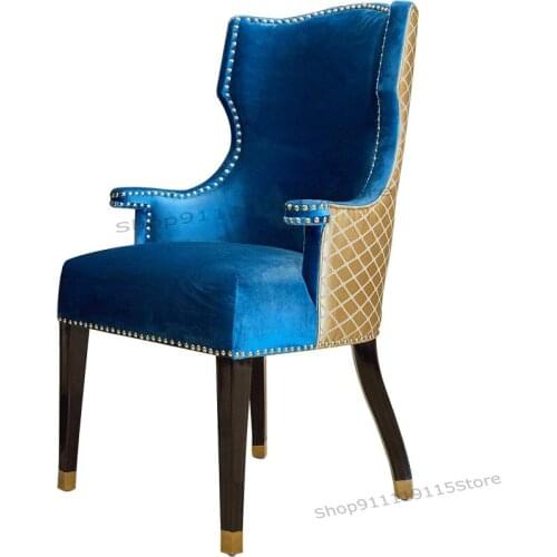 Post Modern Blue Flannel Dining Chair Rivet Household High Back Armrest Cloth Art Solid Wood Luxury Style Furniture Customizatio