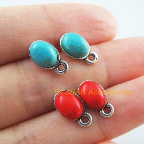 10Pcs Tibetan Silver Tone Oval Red&Blue Stone Wire Earrings Hooks Findings 7x12mm