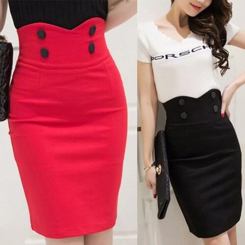Richkeda Store High Waist Elastic Women Skirts Elegant Slim Solid Color Black Red Double Button OL Sexy Back Slit Pencil Skirts