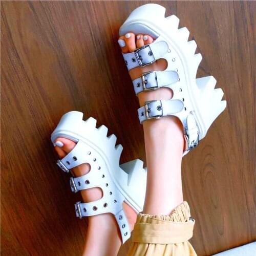 Platform Shoes Gladiators Womens Genuine Leather Sandals Buckle Strap Rivets Open Toe Creeper Summer Boots 34 35 36 37 38 39