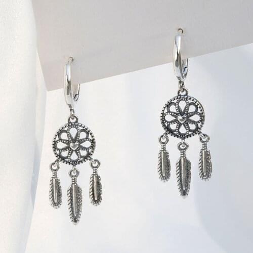 Pure S925 sterling dream catcher earrings for women retro ethnic long do old silvering leaf feather unique fashion earrings