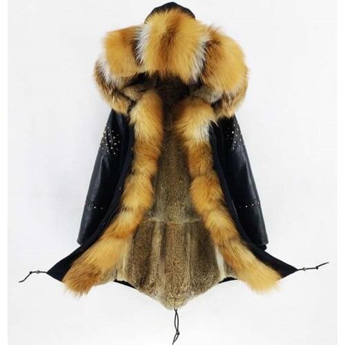 Women Long Parka Winter Jacket Natural Real Fox Fur Collar Hood Coat Rivet Sheep Skin Leather Sleeve Outerwear Detachable