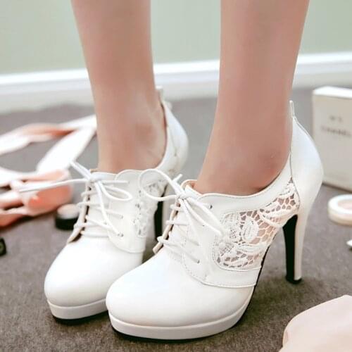 AGODOR sexy lace up high heels women pumps Platform thin heel dress shoes white black pink