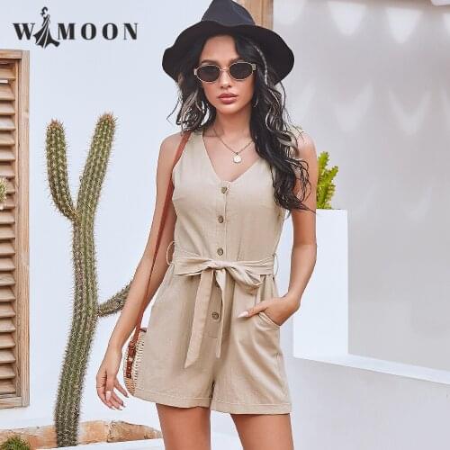 2021 Summer New Button Belt V-neck Off-the-shoulder Sexy One-piece Shorts Casual Solid Jumpsuits for Women