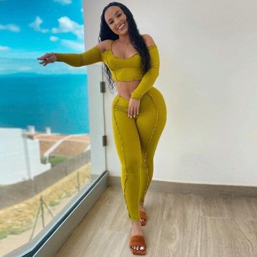 Sexy Two Piece Club Outfits for Women Yellow Off Shoulder Long Sleeve Crop Top+bright Line Decoretion Pencil Legging Tracksuit