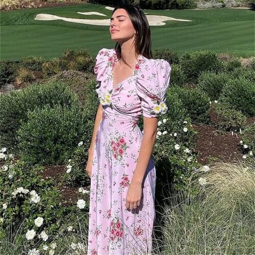 2021 New Floral Maxi Dress Women 2021 Summer Puff Short Sleeve V Neck Long Dress Bohemian Casual Elegant Dresses Femlae