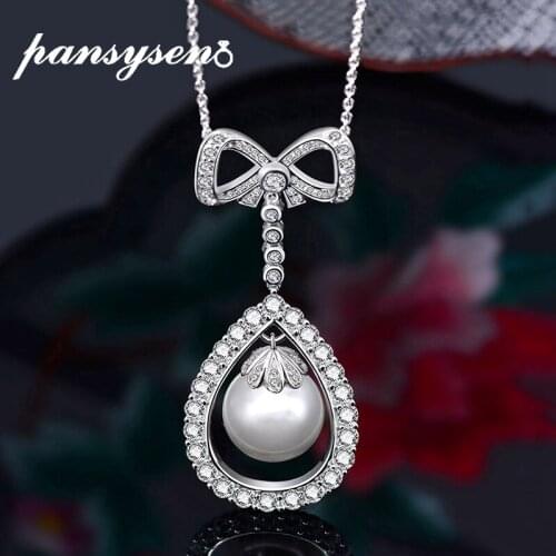 PANSYSEN 100% Solid 925 Sterling Silver 14MM Pearl Creted Moissanite Pendant Necklaces for Women wholesale Fine Jewelry Necklace