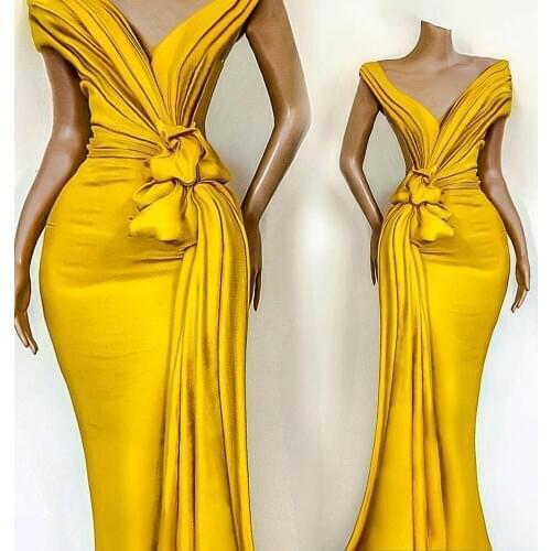 Sexy Stunning Yellow Evening Dresses Mermaid V-neck Formal Cheap Celebrity Gowns For Women Off The Shoulder Long Prom Dress