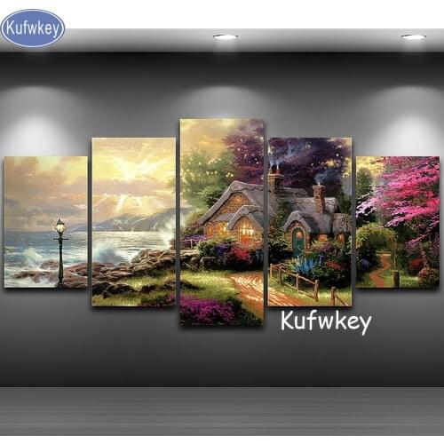 5pcs,DIY 5D Diamond Painting Cross Stitch Puzzle Mosaic Rhinestone Diamond Embroidery country Seashore Cottage Home Decoration