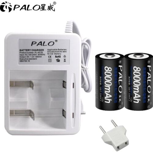 Palo 2pcs 1.2V 8000mAh Ni-MH type D Battery rechargeable D size battery low self-discharge+LED smart AA AAA C D Battery Charger