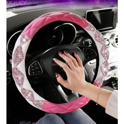 Diamond Car Steering Wheel Cover Summer Girl Cute Rhinestone Car Grip Leather Universal Fit 38cm / 15 inches