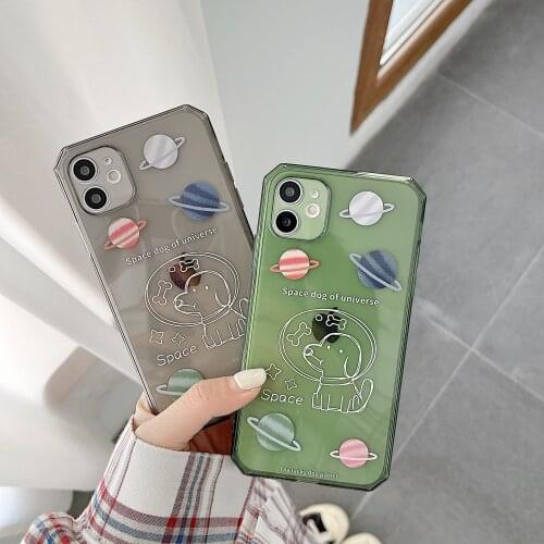 Retro Space puppy planet art green Transparent Phone Case For iPhone 11 12 Pro Max Xr Xs Max 7 8 Plus 7Plus case Cute Soft Cover