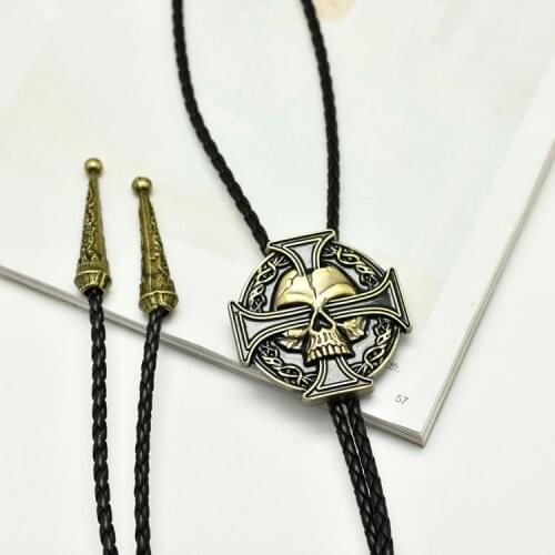 European and American leather Bolo Tie punk skull cross zinc alloy leather necklace novelty gift bow tie