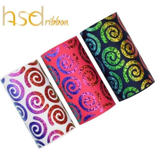 HSDRibbon 75mm 3inch spiral series Rainbow hologram foil printed on Solid Grosgrain Ribbon