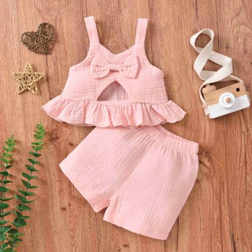 2Pcs Newborn Baby Girls Solid Color Outfits Cotton Linen Casul Toddler Girls Cutout Ruffle Tank Top with Bowknot+Shorts Clothes