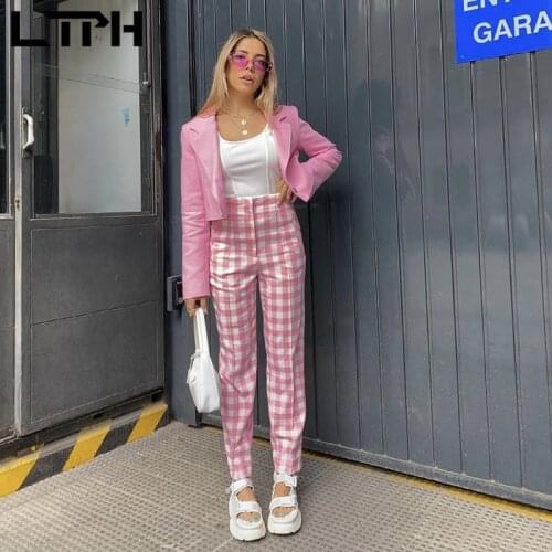 LTPH vintage high waist ankle-length pants women fashion pink plaid Tailored Trousers straight slim female Pant 2021 autumn new