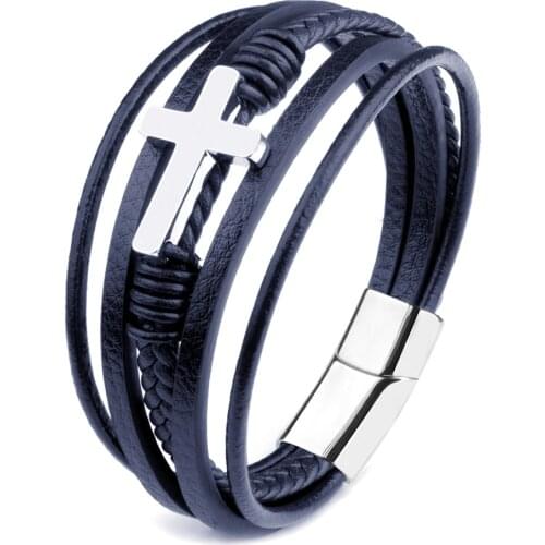 Mens Cross Bracelet Genuine Leather Stainless Steel Magnet Clasp Braid Multilayer 6 Colors Homme Bracelets For Men Gift Jewelry