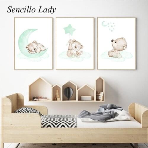 Mint Green Bear Moon Animal Poster Nursery Art Canvas Print Child Room Painting Wall Picture Nordic Baby Kid Bedroom Decoration