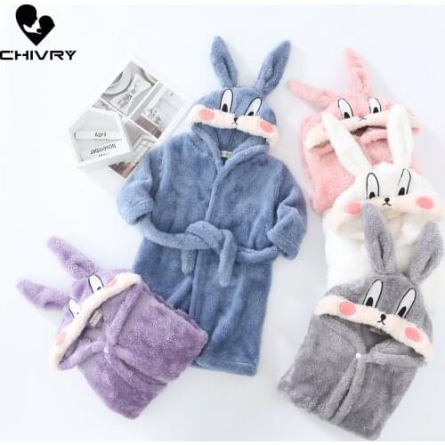 New 2021 Autumn Winter Baby Hooded Bathrobe Kids Bath Robe Boys Girls Warm Flannel Pajamas Kids Cartoon Rabbit Plush Towel Robe