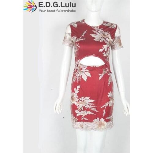 EDGLuLu o-neck Short sleeve High waist Hollow out embroidery Floral red dresses for women 2021 elegant Chinese style qipao 0328