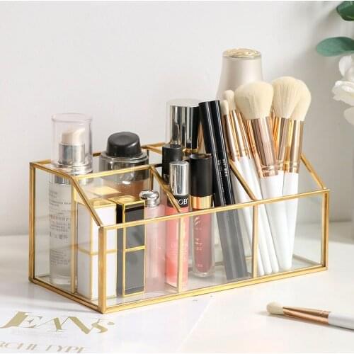 Brass Glass Makeup Brush Bucket Nordic Style Cosmetic Lipstick Comb Eyebrow Storage remote control Holder Desktop Organizer