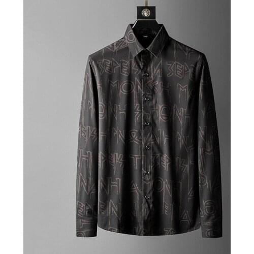 Full Letter Print Shirts for Men Business Casual Long Sleeve Slim Formal Dress Shirts Social Party Male Clothing Chemise Homme