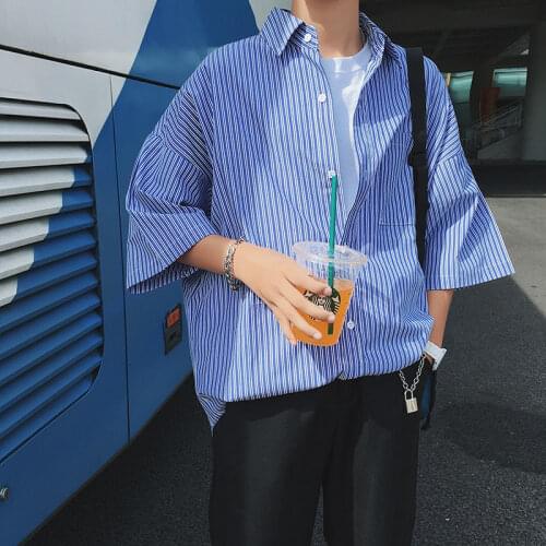 Shirt Mens Summer New Short Sleeve Personality Bright Vertical Stripe College Tidal Current Streetwear Fashion Hot Sale