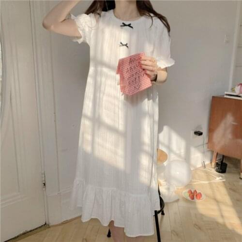 Bow Sleepshirts Long White Sleepdress Women Lace Vintage Nightdress Ladies Sexy Hot Erotic Home Suit Lolita Robe