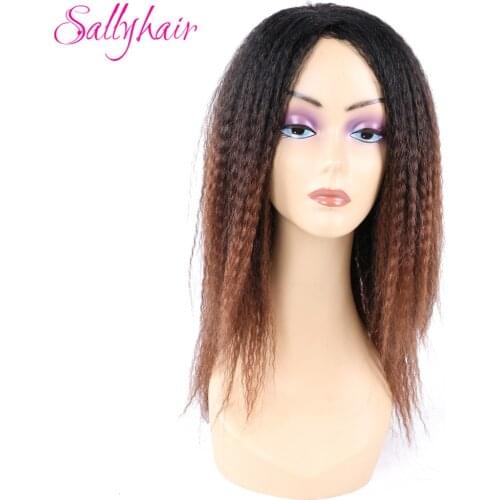 Sallyhair Synthetic Kinky Long Yaki Straight Hair Wigs 14inch Ombre Color Black Brown Middle Part For Women