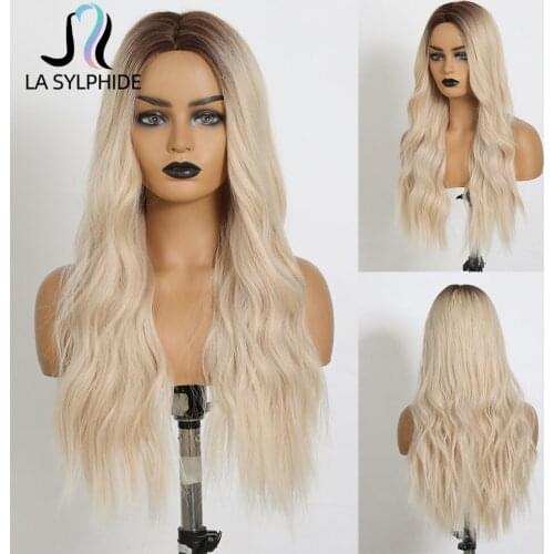 La Sylphide Synthetic Wig Long Wave Root Brown Ombre Ash Blonde Hair Wigs for Black White Woman Daily Use Heat Resistant Wigs