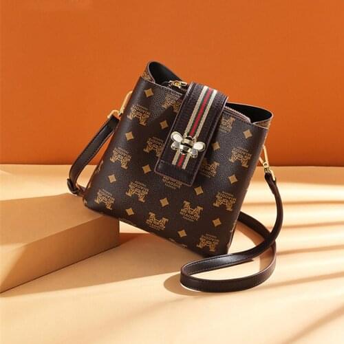 New Trendy Fashion Shoulder Bucket Bag Retro Printing Messenger Bag Ribbon Bee Small Bag Leather Women Handbag