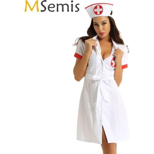 Womens Clubwear Medical Nurse Role Play Dress Costume Sexy Deep V Buttons Doctor Uniform with Hat Naughty Fancy Dress Lingerie