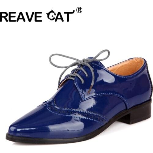 REAVE CAT 2021 Retro Ladies Flats Oxfords Polka Dot Lace Up Vintnge Brogue Pointed Toe 3CM Chunky Heel US12 Black Red Blue A4389