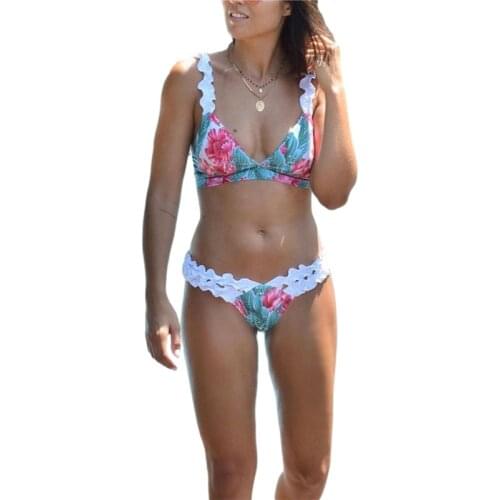 2021 Female Two-Piece Lace Bikini Set Stylish Floral Print Bathing Suit Bikini Tops+ Swimming Trunks Swimsuits for Women Biquini