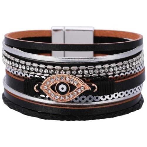 ORNAPEADIA Bohemian Ethnic Style Popular Eye Accessories Crystal Multi-layer Wide-sided Magnetic Clasp Ladies Bracelet