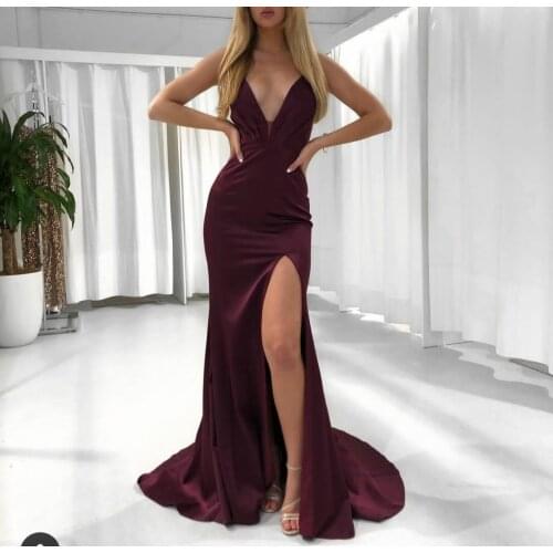 Sexy Long Deep V-Neck Mermai Evening Dresses with Slit Cirss Cross Back Satin Spaghetti Abendkleider Robes De Soirée for Women