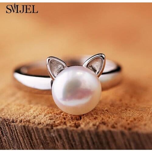 SMJEL New Imitation Pearl Cat Ear Ring for Women Cute Animal Adjustable Ring Femme Bijoux Jewelry Birthday Gifts SYJZ140