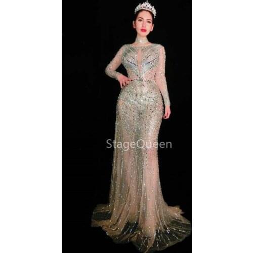 Women Sexy Stage Net Yarn Rhinestones Dress Stage Wear Big Stretch One-piece Dress Singer Evening Performance Skinny Long Dress