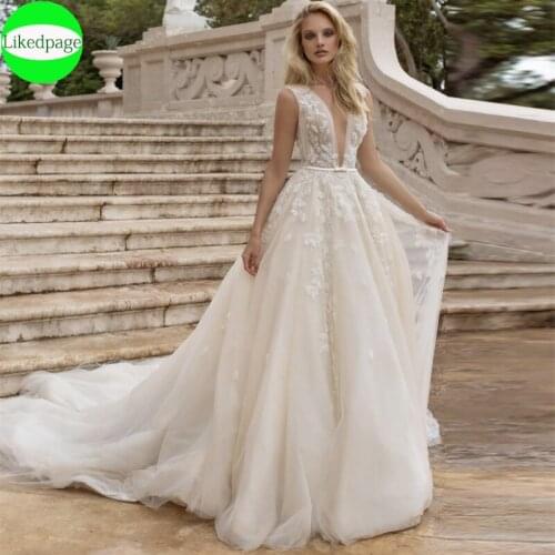 2021 Wedding Dress Boho A Line Vestidos De Novia Sexy Robe Mariage V Neck Lace Appliques Sweep Train Bride Gown Trouwjurk Boda