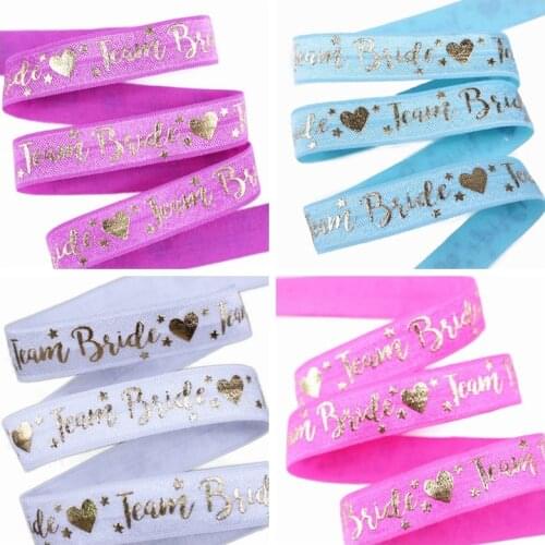 5/8" Gold foil Team Bride text heart star pattern FOE fold over elastic for wedding accessories welcome custom printed