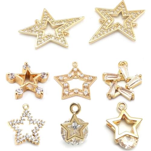 40670)6PCS 24K Champagne Gold Color Brass and Zircon 2 Holes Connect Star Charms Pendants Jewelry Making Supplies Diy Findings