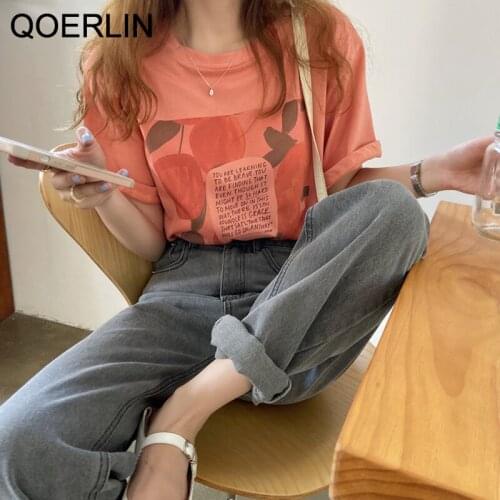 QOERLIN Basic T Shirt Women Summer New Oversized Solid Tees Flower Print Casual Loose Tshirt Korean O Neck Female Tops Harajuku