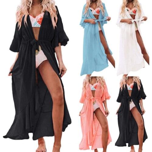 50% Hot Sales Solid Color Half Sleeve See-Through Ruffle Swimmwear Cover Up Bikini Coat Beach Wear for Summer