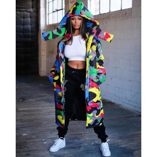 High Collar Men and Women Popular Color Camouflage Zipper Pocket Long Hooded Down Jacket