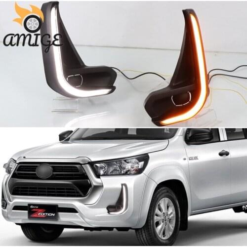 LED DRL Daylights For Toyota Hilux 2020 2021 Revo Auto Dynamic Turn Yellow Signal Headlamps LED Daytime Running Headlights